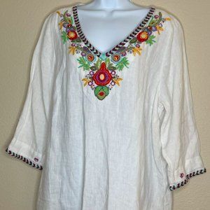 Soft Surroundings Fiesta Embroidered Beaded Linen Tunic V Neck Top Size XL